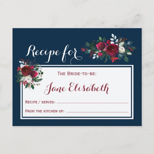 Navy burgundy floral bride to be recipe card