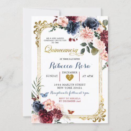 Navy Burgundy Floral Butterfly Quinceaera Invitation