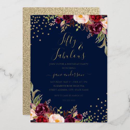 Navy Burgundy Floral Confetti 50  Fabulous Foil Invitation