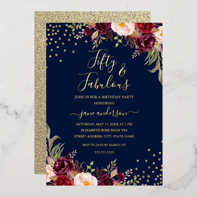 Navy Burgundy Floral Confetti 50 & Fabulous Foil Invitation (Front/Back)