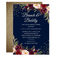 Navy Burgundy Floral Confetti Brunch and Bubbly Invitation