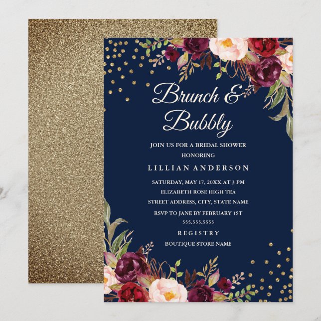 Navy Burgundy Floral Confetti Brunch and Bubbly Invitation (Front/Back)