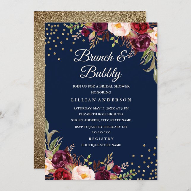 Navy Burgundy Floral Confetti Brunch and Bubbly Invitation (Front/Back)