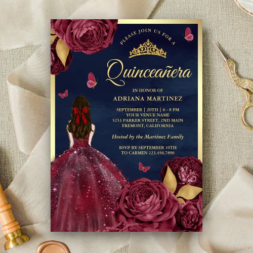 Navy Burgundy Floral Dress Butterfly Quinceanera Invitation