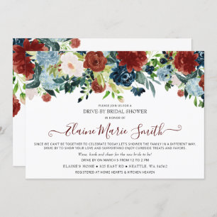 Navy Burgundy Floral Drive Thru Bridal Shower Invitation