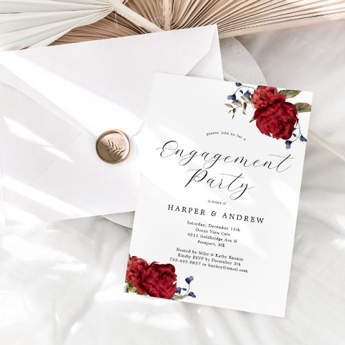 Navy Burgundy Floral Engagement Party Invitation