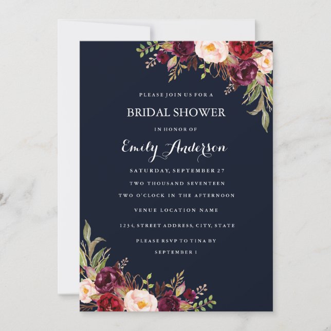 Navy Burgundy Floral Fall Bridal Shower Card (Front)