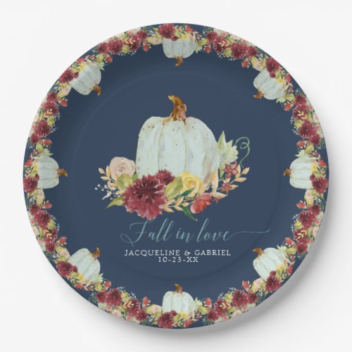 Navy Burgundy Floral Fall in Love Pumpkin Wedding Paper Plates