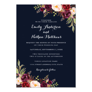 Navy Burgundy Floral Fall Wedding Invitation