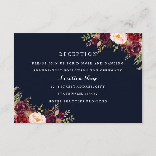 Navy Burgundy Floral Fall Wedding Reception Card