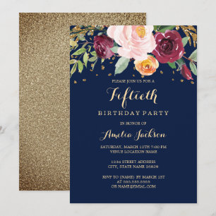 Navy Burgundy Floral Glitter 50th Birthday Party Invitation