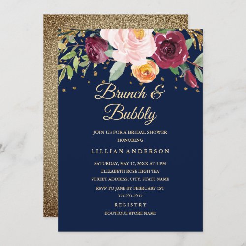 Navy Burgundy Floral Glitter Brunch And Bubbly Invitation