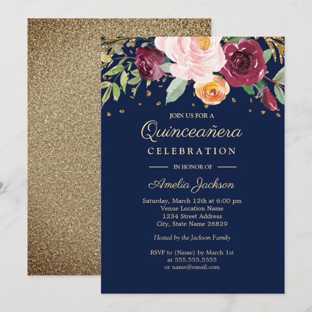 Navy Burgundy Floral Glitter Quinceanera Invitation (Front/Back)