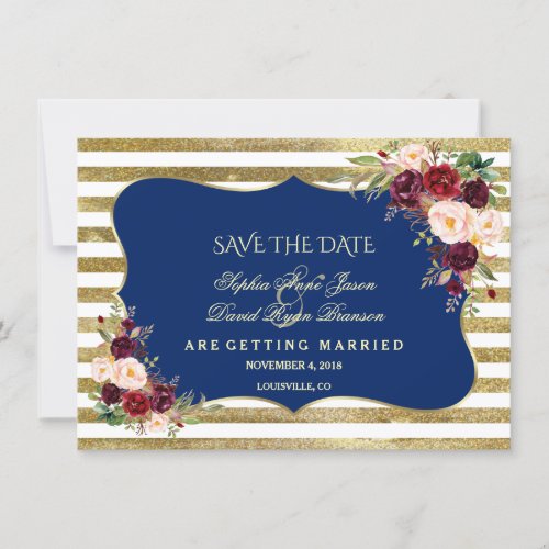 Navy Burgundy Floral Glitter Stripes Save The Date