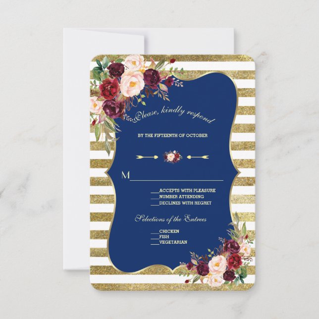 Navy Burgundy Floral Gold Glitter Stripes RSVP Card (Front)