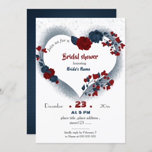 navy  burgundy floral heart bridal shower invitation