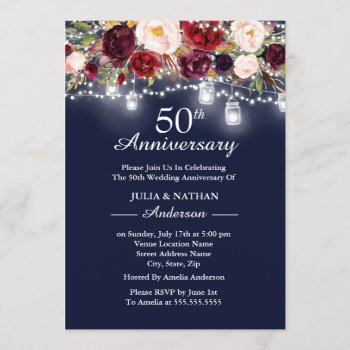 Navy Burgundy Floral Lights 50th Anniversary Invitation by LittleBayleigh at Zazzle