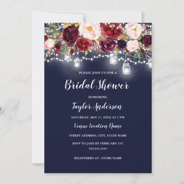 Navy Burgundy Floral Lights Bridal Shower Invitation (Front)