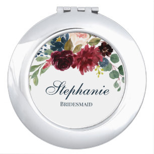 Navy Burgundy Floral Marsala Wedding Bridal Party Compact Mirror