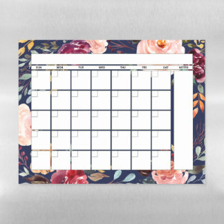 Navy Burgundy Floral Monthly Planner Calendar Magnetic Dry Erase Sheet