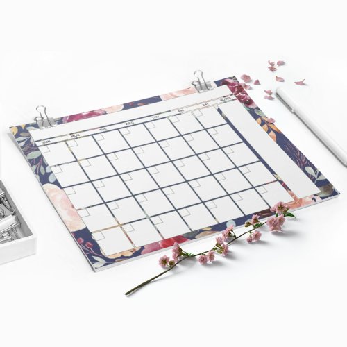 Navy Burgundy Floral Monthly Planner Calendar Notepad