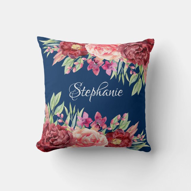 Navy Burgundy Floral Name Monogram Throw Pillow (Front)