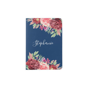 Navy Burgundy Floral Name Personalized Passport Holder