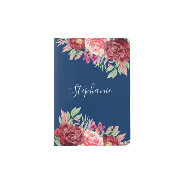 Navy Burgundy Floral Name Personalized Passport Holder (Front)