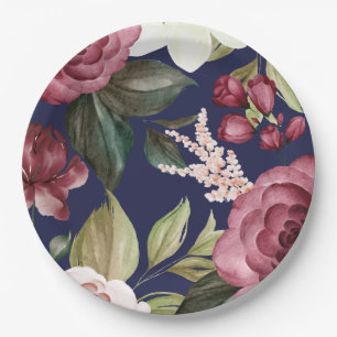 Navy Burgundy Floral Paper Plate