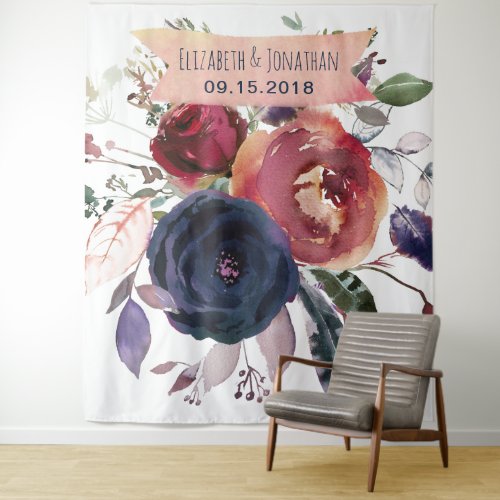 Navy Burgundy Floral Photo Booth Background Tapestry
