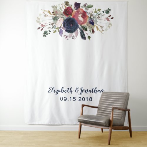 Navy Burgundy Floral Photo Booth Background Tapestry