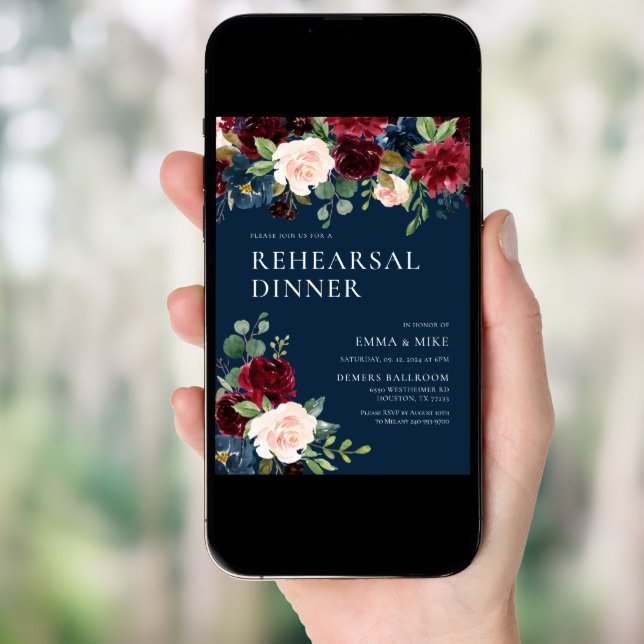 Navy Burgundy Floral Rehearsal Dinner Invitation (Front Digital)