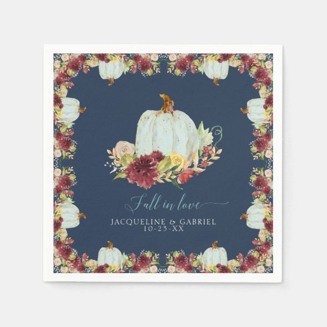Navy Burgundy Floral Rustic Fall in Love Pumpkin Napkins (Front)