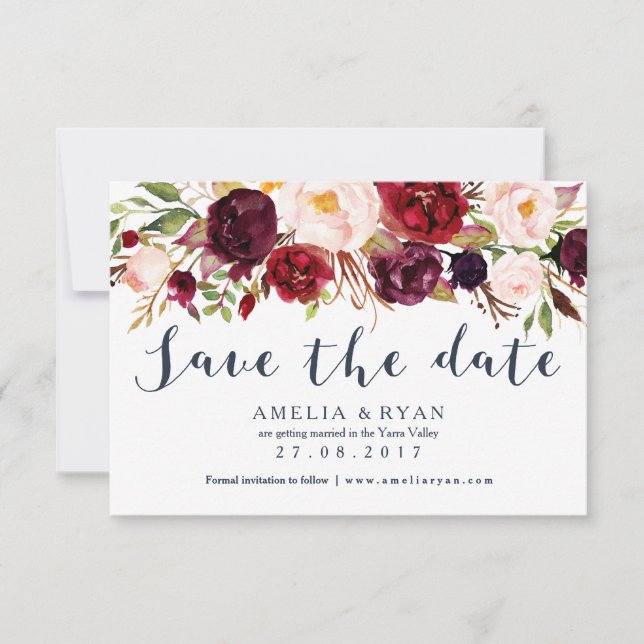 Navy Burgundy Floral Save the Date Card (Front)