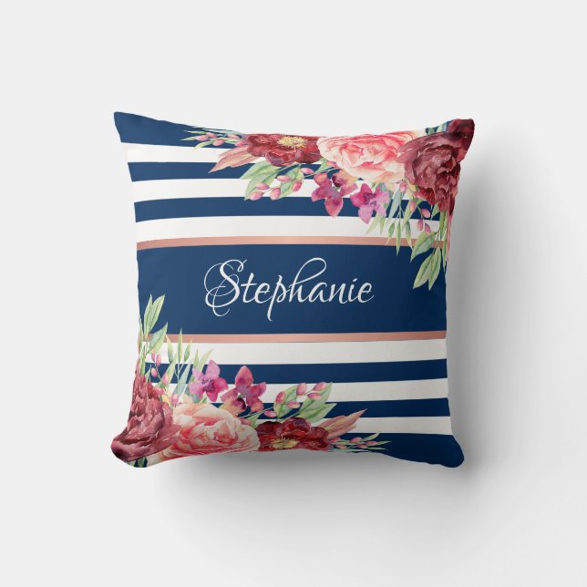 Navy Burgundy Floral Stripes Name Monogram Throw Pillow (Front)