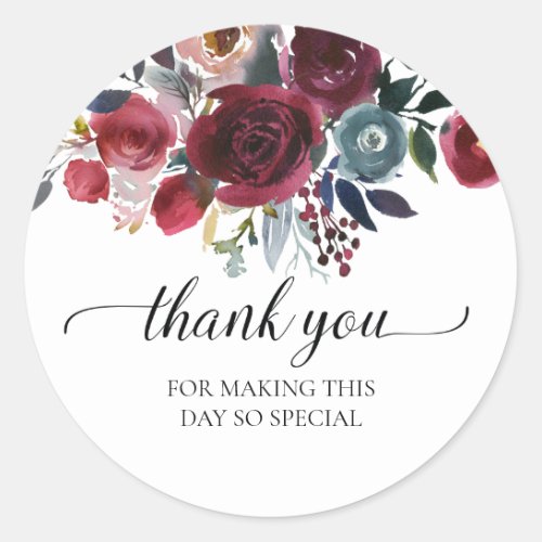 Navy Burgundy Floral Thank You Bridal Shower Favor Classic Round Sticker