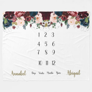 Navy, burgundy floral  Twins Milestone Fleece Blanket