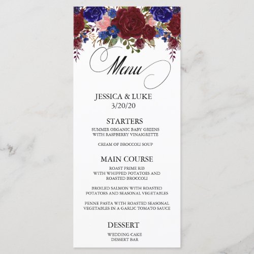 Navy Burgundy Floral Wedding Calligraphy Menu