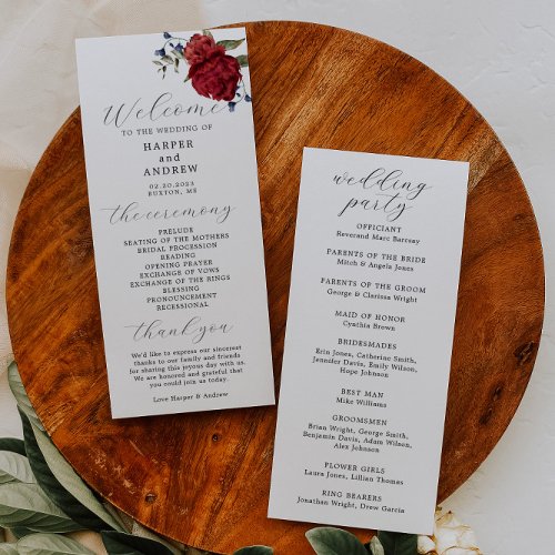 Navy Burgundy Floral Wedding Ceremony Program