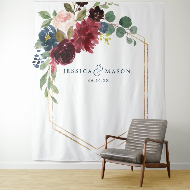Navy Burgundy Floral Wedding Decor Backdrop (In Situ)