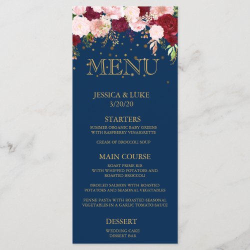 Navy Burgundy Floral Wedding Gold Confetti Menu