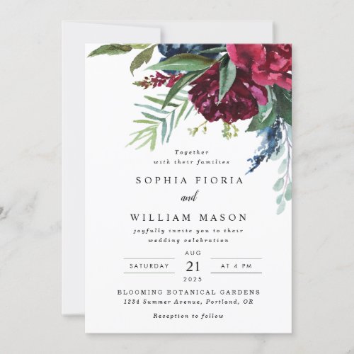 Navy Burgundy Floral Wedding Invitation