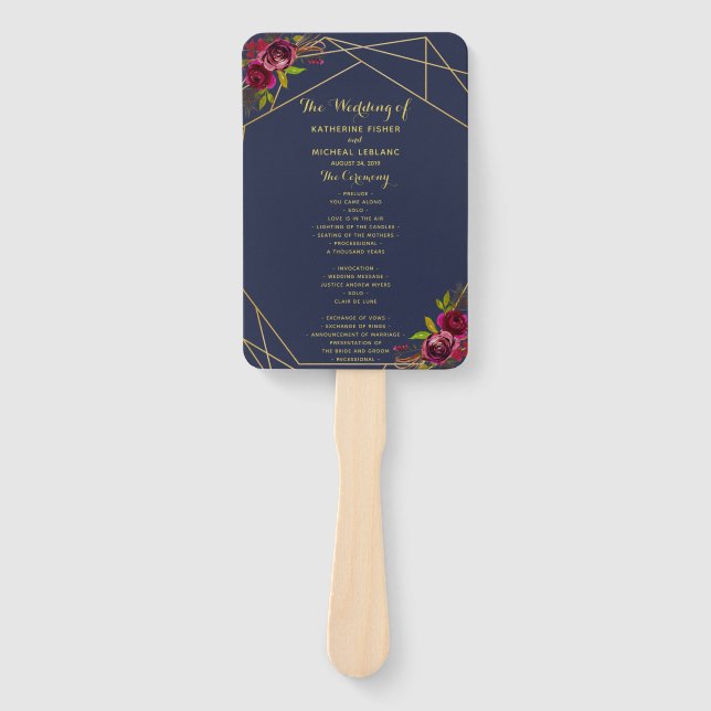 Navy Burgundy Floral Wedding Program Fan (Front)