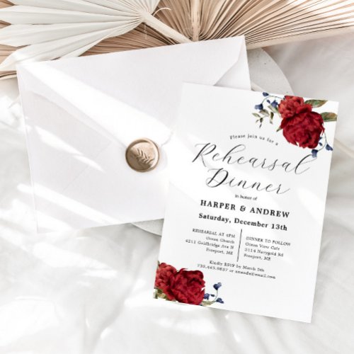 Navy Burgundy Floral Wedding Rehearsal Dinner  Invitation