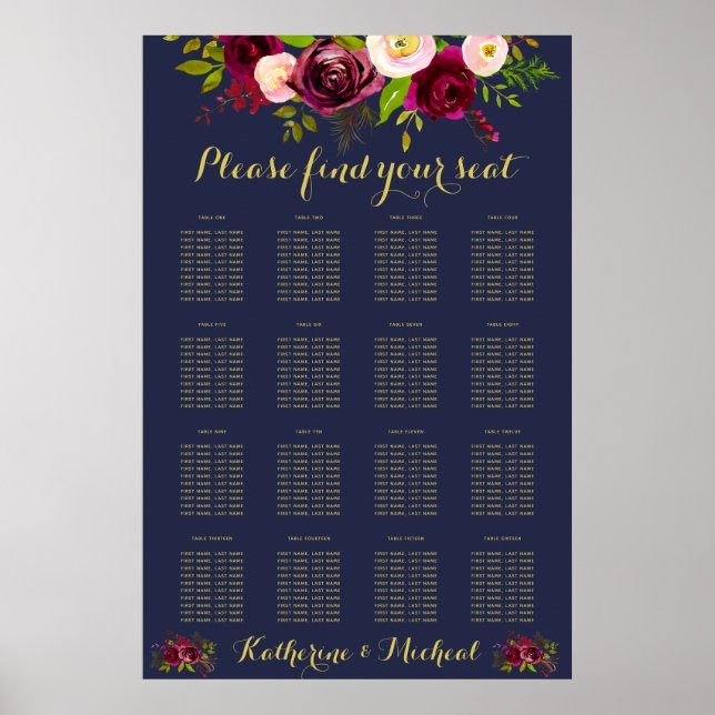Navy Burgundy Floral Wedding Seating Chart (Front)