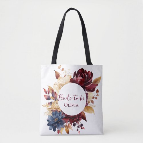 Navy Burgundy Floral Wedding Tote Bag