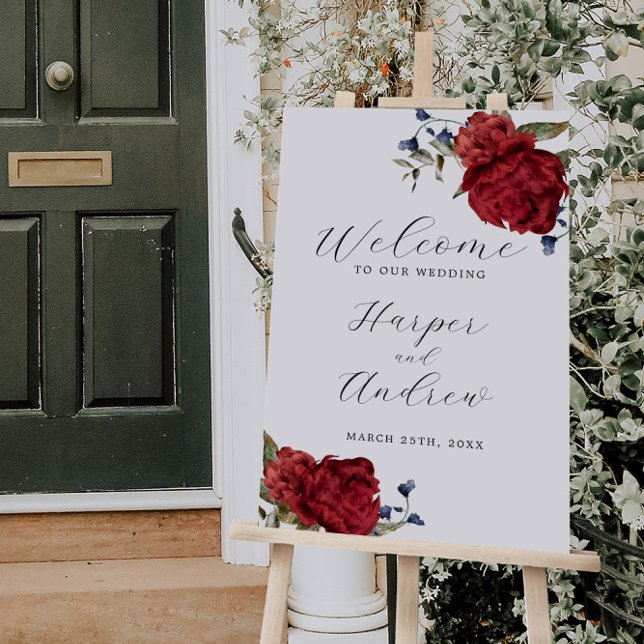 Navy Burgundy Floral Wedding Welcome Sign (Creator Uploaded)