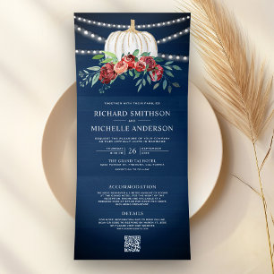 Navy Burgundy Floral White Pumpkin QR Code Wedding Tri-Fold Invitation