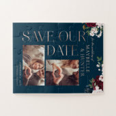 Navy & Burgundy Florals Photo Save Our Date Jigsaw Puzzle (Horizontal)