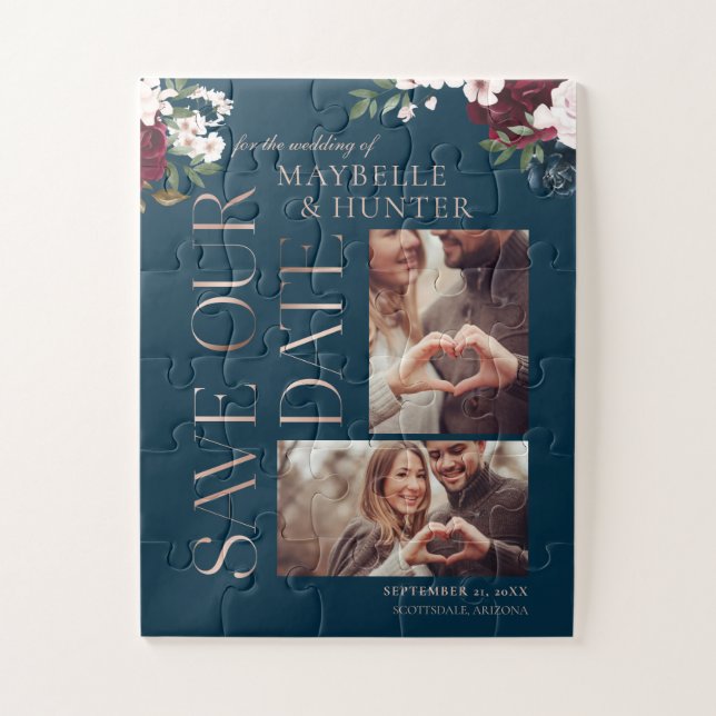 Navy & Burgundy Florals Photo Save Our Date Jigsaw Puzzle (Vertical)